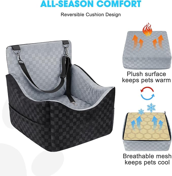 Elevated Dog Car Booster Seat for Smal/Medium Dogs, up to 35 lbs, with Memory Foam, Safety Belts, Detachable Washable Cover and Storage Pockets, Portable Travel-Safe Pet Bed, Gray