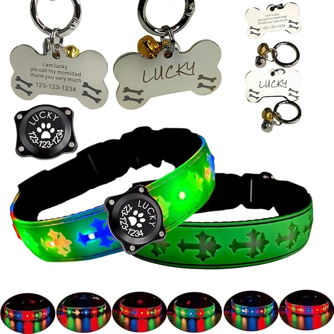 Pet Collar with AirTag Holder and ID Tag, 15 Lighting Modes, Waterproof Cross Pattern Design, Multiple Colors (Green Pro, L(15.7-19.7"))