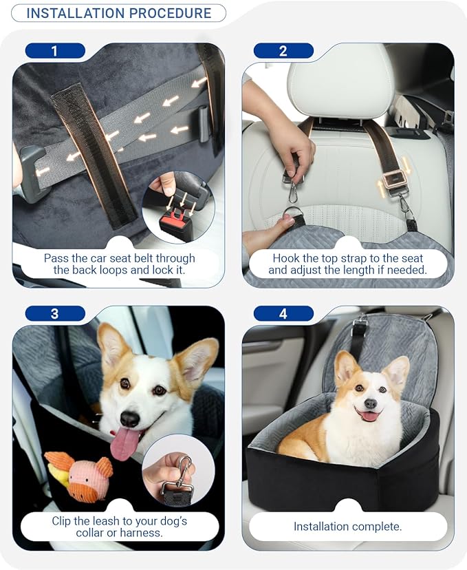 Dog Car Seat for Small Dogs, Dog Booster Seat with Extendable Backrest, Pet Car Seats up to 30 lbs, Washable Removable Cover Travel Bed with Storage Pockets and 2 Safety Leashes, Black&Grey