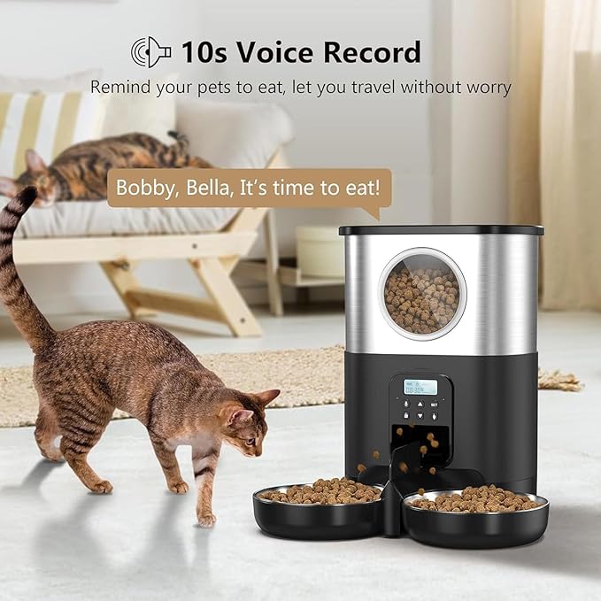 Automatic Pet Feeder, 5L Quantitative Feeding Stainless Steel 2 Bowls Dog Food Dispenser Large Capacity Automatic Timed Cat Feeders with Visable Window for Cats Dogs (Black)