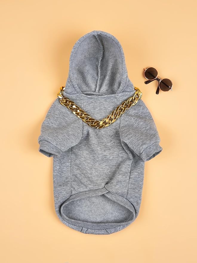 QWINEE 3Pcs Dog Hoodie Cat Apparel Dog Custume Set with Necklace and Sunglasses Pet Clothes for Puppy Small Medium Dogs Cats Grey M