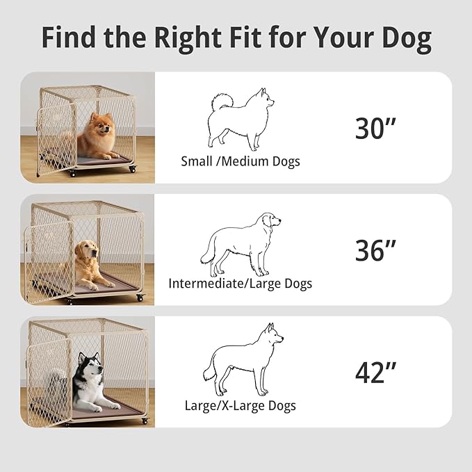 Dog Crate, 42 Inch Diamond Mesh Enhanced Dog Kennel with 4 Lockable Wheels, Leak-Proof Tray, Metal Cage Dog Crates for Large, XL Large Dogs, Pets up 200 lbs, Ideal for Indoor Outdoor Use
