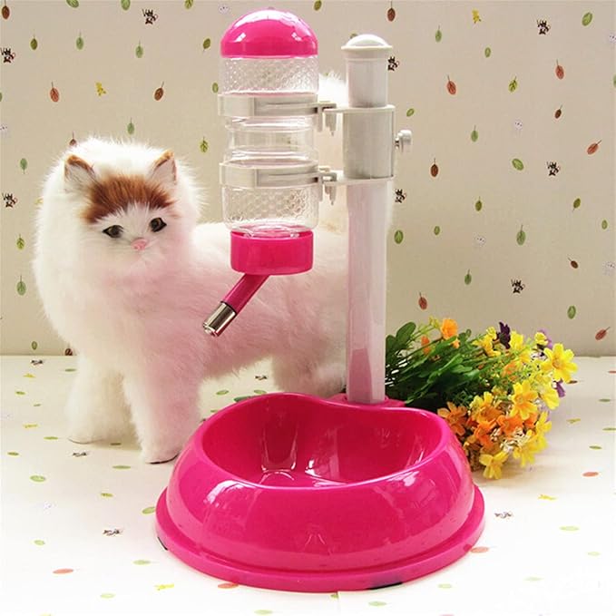 Pet Small Dog Cat Automatic Water Food Feeder Bowl Bottle Standing Dispenser with Hook Adjustable Height, Detachable, Food Water Bowl
