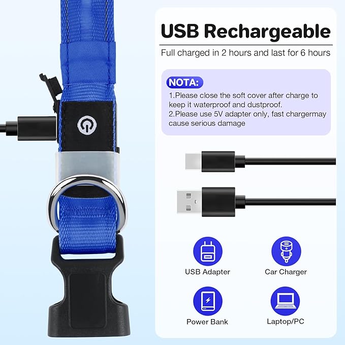 Light Up Dog Collar, USB Rechargeable 6 Modes, Waterproof Charging Port, Long Lasting LED Collar - Adjustable Nylon Reflective for Dogs, Sizes S/M/L (7/9/11 Lights) - 5 Colors (Blue, S)