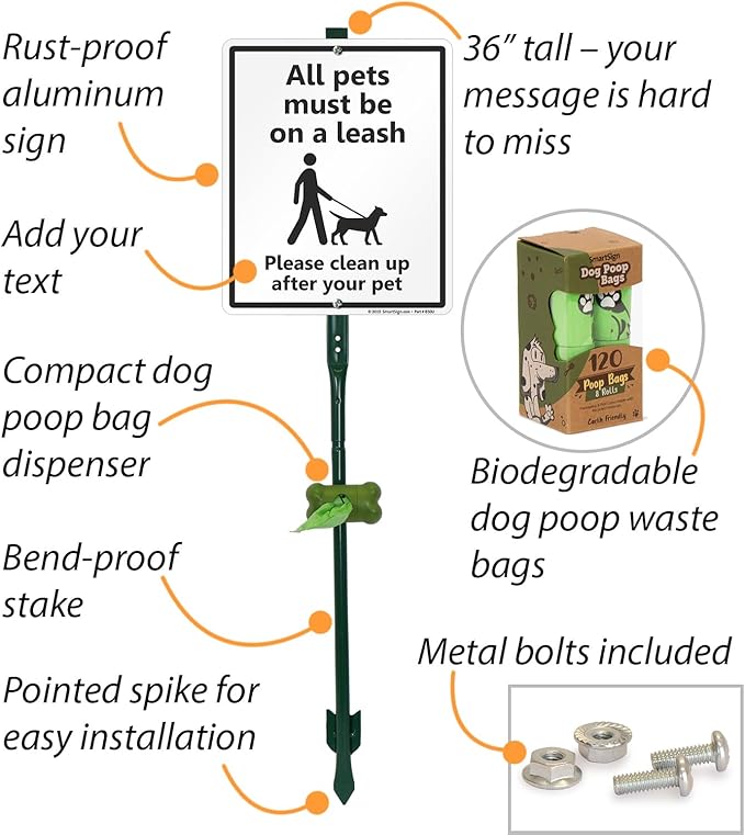 SmartSign All Pets On A Leash Please Clean Up After Your Pet Yard Sign & Clip-On Preloaded Dispenser Combo/Kit with 135 Dog Poop Waste Bags, 10"x12" Rust-proof Aluminum Sign with 3ft Steel Stake