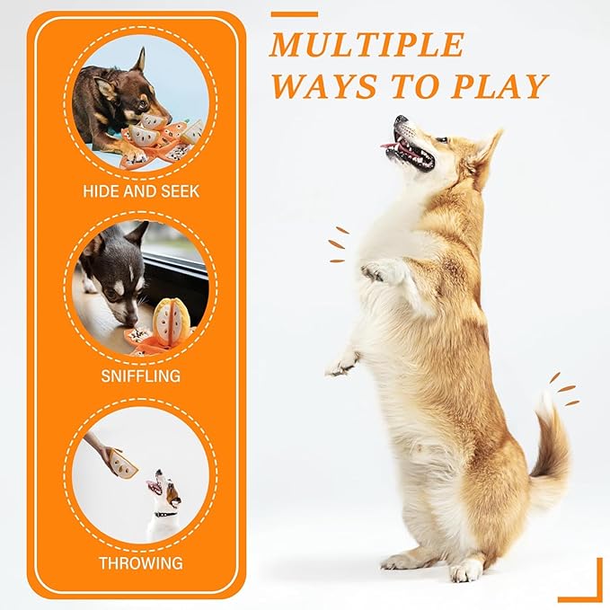 Orange Hide and Seek Plush Dog Toy, Interactive Squeaky Puzzle Toy with Hidden Pockets & Crinkle Paper, Watermelon Snuffle Mat for Small Medium Dogs Boredom Nosework (Orange)