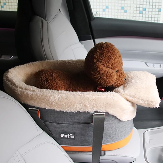 Linen & Velvet Console Dog Car Seat - Adjustable Elastic Straps & Anti-Motion Sickness (5kg Small Dogs, Front/Rear Seat Bed & Poop Bag Pockets)