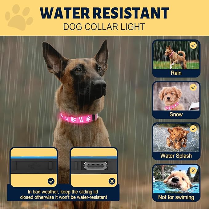 Light Up Dog Collar, 3D Design Adjustable Dog Collars 15 Glowing Modes Rechargeable Night Walk Safety Collar for Small Dogs, Pink