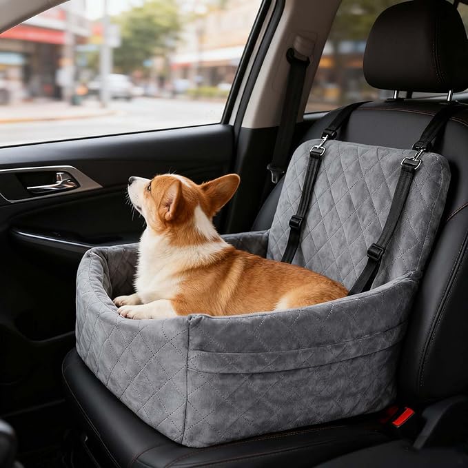 Dog Car Seats for Small Dogs, Memory Foam Dog Car Seat Medium Sized Dogs, Pet Cars Seats for Under 35lbs, Detachable Washable Pet Bag with Storage Pockets & 2 Safety Belts, Easy to Install (Grey)