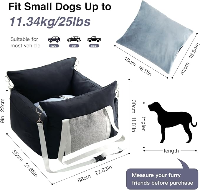 Pet Car Booster Seat for Small Dogs up to 25 lbs with Safety Straps, Storage Pockets, Travel Carrier Bed with Detachable Cover, Machine Washable (Black)