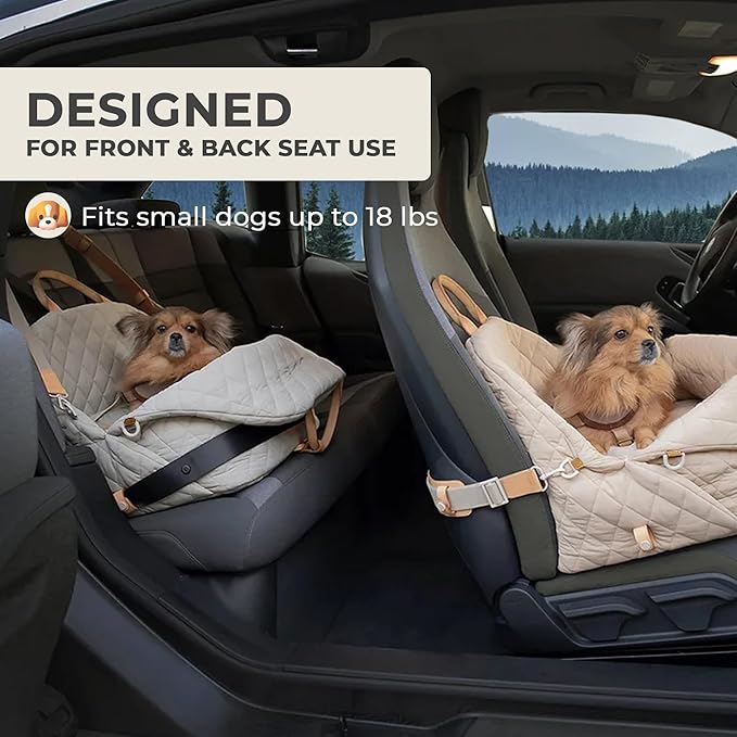 Dog Car Seat for Small Dogs, Pet Seats for Cars with Clip-On Safty Leash, Detachable Washable Pet Car Seat Travel Bed Under 25lbs (Creamy White)