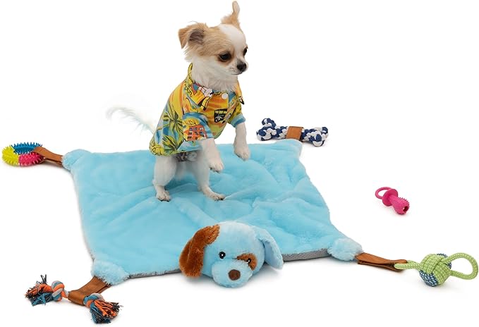 Puppy Play Mat with Toys for Small Breeds - Blue, 23”x20” - Multi-Functional Interactive Toy and Sleeping Pad with Detachable Dog Toys for Small Dogs to Keep Busy, Puppy Gifts for New Owner