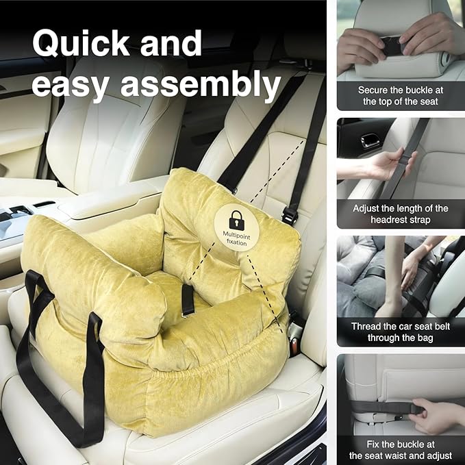 Pet Car Booster Seat, Soft Corduroy, Small Dog Cat Carrier with Safety Straps, Storage Pockets, 18x16x9 Inch, for Pets Under 25 lbs (Lemon Green)