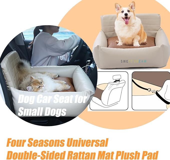 Car Seat Dog Bed with Safety Straps, Dog Car Seat for Small Dogs, Four Seasons Universal Double-Sided Rattan Mat Plush Pad, Washable Pet Booster Turn Seats (Black, 24.4 * 20.1 * 12.2in)