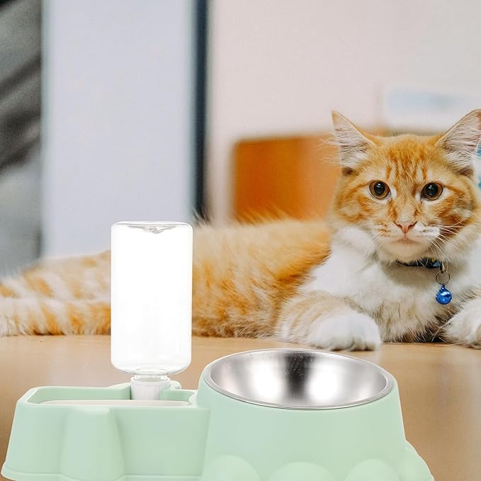 Stainless Steel Dog Feeding Bowl with Water Dispenser, Multifunctional Pet Food Container and Waterer, Wear-Resistant Automatic Feeder for Indoor Dogs, Green