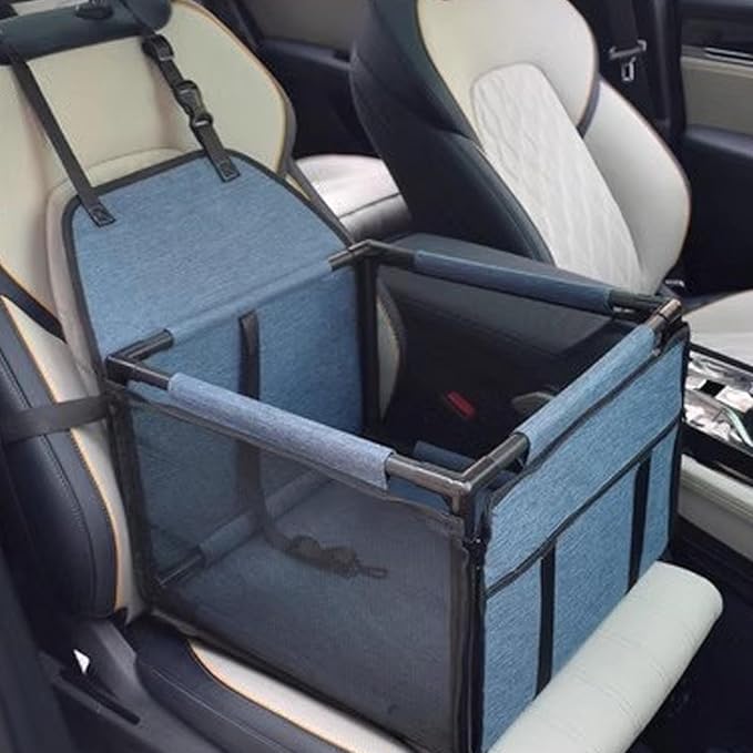 Dog Car Seat, Foldable Dog Car Booster Seat Collapsible Travel Bags with Safety Belt and and Mesh Window, Carrier for Small to Medium Pets Puppy, 39x39x27cm (Dark Blue)