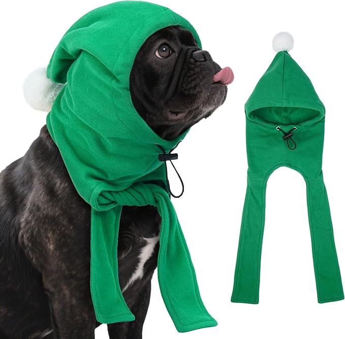 DENTRUN Dog Winter Hat with Scarf & Pom Pom - Adjustable Fleece Hood for Small Dogs, Christmas Costume, Green (S:8-10" Head Girth)