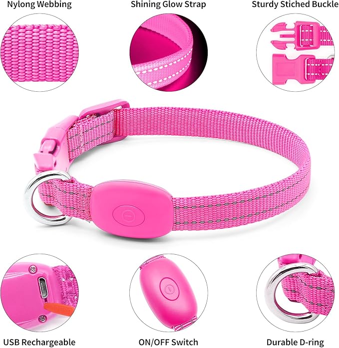 Illumifun LED Cat Collar, USB Rechargeable Light Up Dog Collar, Adjustable Safety Collar Light for Small Dogs Cats Glow in The Dark (Pink, X-Small)