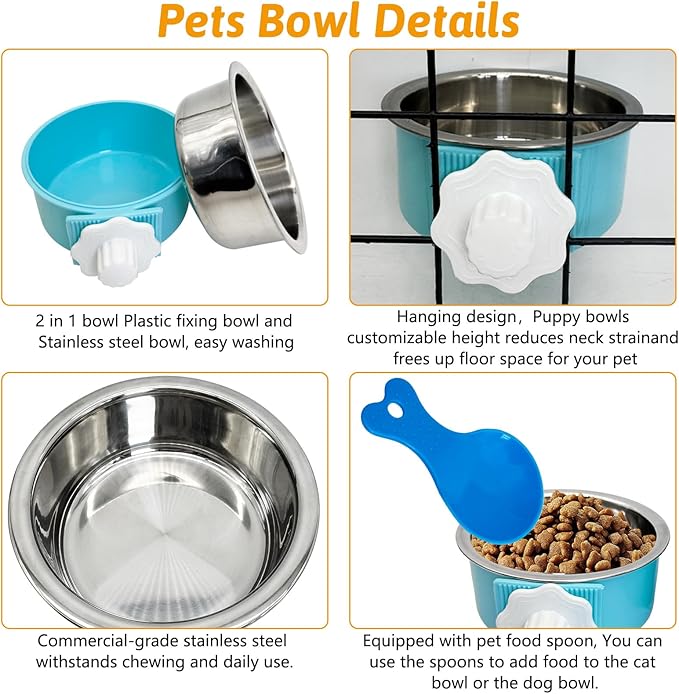 Hamiledyi Crate Dog Bowl Cat - Removable Stainless Steel Hanging No Spill Pet Bowl for Kennels Durable Detachable Design Fits Small Medium Dog Cages (2 Pcs, Blue