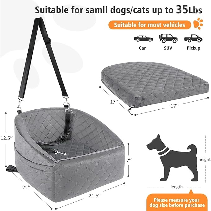 Car Dog Seat for Small Dogs, Extra Stable with Safety Belt, Pet Seat for Back and Front Seat, Gray
