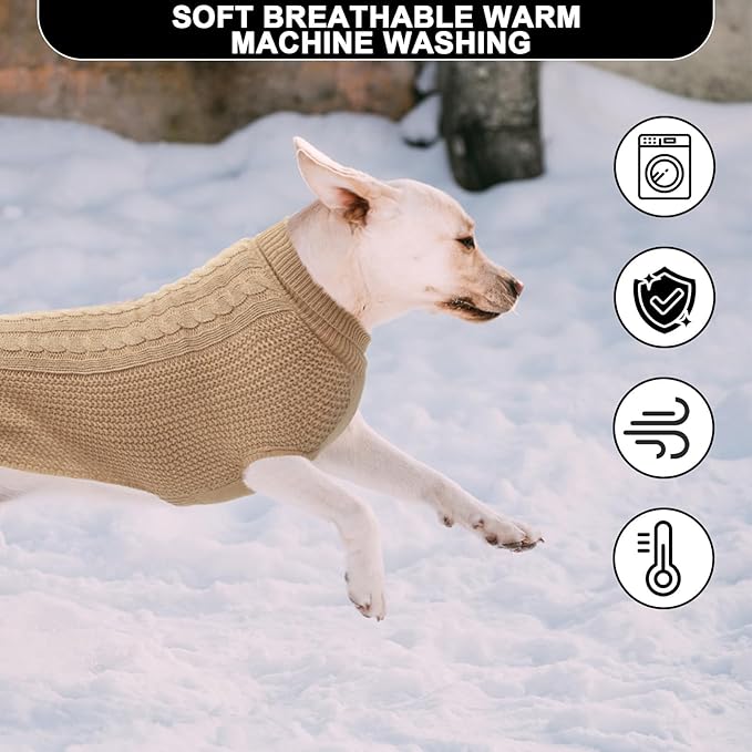 XL Dog Sweater, Classic Cable Knit Warm Dog Sweatshirt with Reflective Yarn for Girl Boy, Halloween Fall Winter Coat Turtleneck Pullover Clothes Apparel for Small Medium Large Dogs, Khaki XL