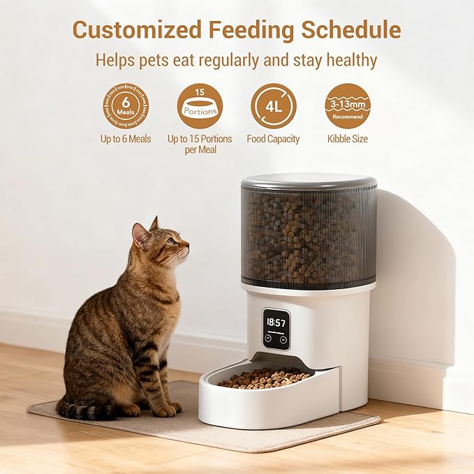 4L Automatic Pet Feeder for Cats & Small Dogs – Programmable Timed Food Dispenser – Portion Control for 1-6 Daily Meals – Dual Power – Stainless Steel Bowl – Dampness-Proof, Easy Clean