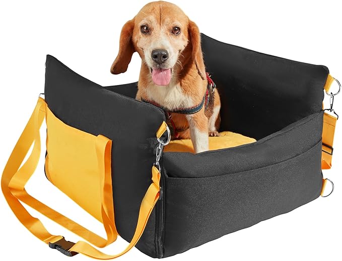 Happybuy Dog Car Seat, Waterproof Dog Booster Seat for Car with Side Handles and A Storage Pocket, Clip-On Safety Leash and PP Cotton Filling, Dog Car Bed for Small Dog up to 25lbs, Black