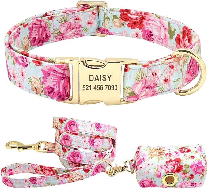 Flower Dog Collar Leash Set Custom Small Medium Large Dog Pet Collars Floral Print Nylon Dog Collars with Treat Bag Snack Bag Pink Set S