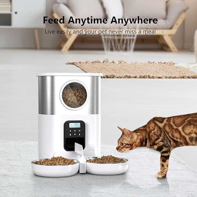 Automatic Pet Feeder, 5L Quantitative Feeding Stainless Steel 2 Bowls Dog Food Dispenser Large Capacity Automatic Timed Cat Feeders with Visable Window for Cats Dogs (White)