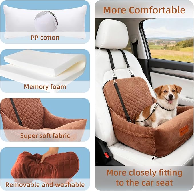 Dog Car Seat for Small Dogs, Fully Detachable and Washable Pet Booster Car Seats, Pet Travel Home Bed Ultra Soft Fabric, Adjustable Straps,Easy to Install, Brown