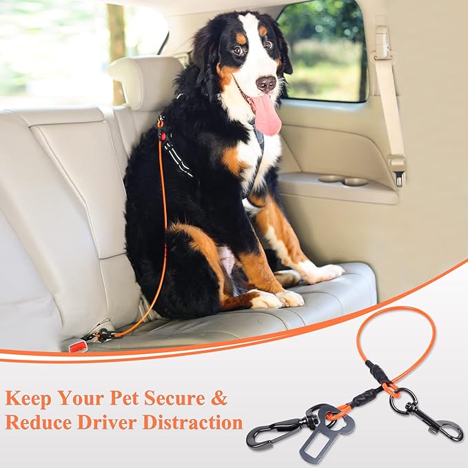 VIVAGLORY Dog Seat Belt Tuffbelt Dog Car Harness, Seatbelt with Clip & Hook for Car Travel, Chew Proof Anti Chew Unchewable Metal Safety Tether Restraint, L, Orange
