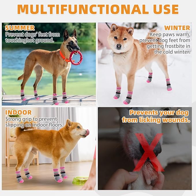 KOOLTAIL Dog Socks to Prevent Licking Paws for Hardwood Floors Anti Slip, Winter Warm Pet Boots&Paw Protector with Grippers, Double Sides Puppy Shoes Booties for Small Medium Large Senior Dogs