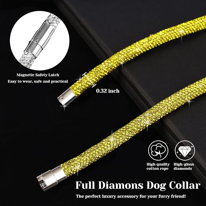 Stylish and Luxurious Diamond Dog Collar,Magnetically Clasp,Full Diamond Design,Perfect for Wedding and Everyday Walking - Gold Yellow Diamons Necklace Collar for Medium Large Dogs,20''