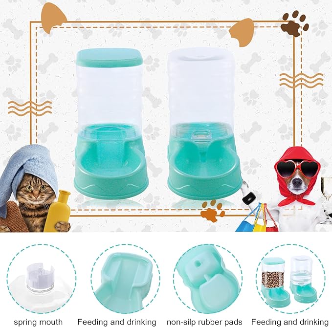 2 Pack Automatic Cat Feeder and Water Dispenser Self Feeding Replenish Eating Bowl Storage Container for Cats Small Dogs Pets Gravity Feeder and Waterer Set Dog Cat Pet Food Bowl 3.5 L