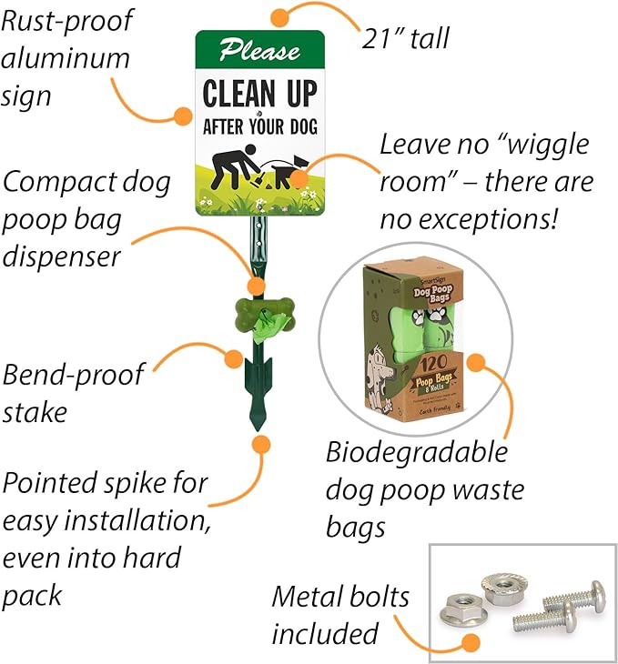 SmartSign Please Clean Up After Your Dog Yard Sign & Clip-On Preloaded Dispenser Combo/Kit with 135 Dog Poop Waste Bags, 7"x10" Rust-proof Aluminum Sign with 18-inch Steel Stake