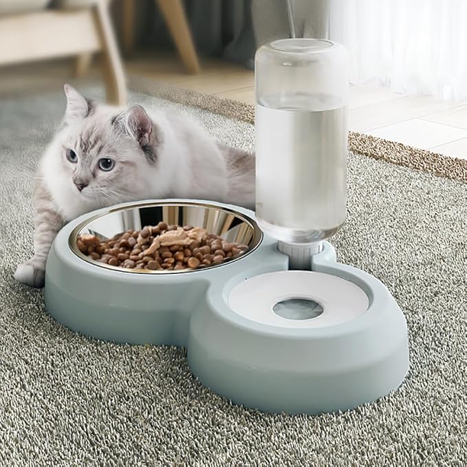 Dog Bowls, Puppy Cat Food and Water Bowl Set with Water Dispenser and Stainless Steel Bowl Non-Slip Mat, Detachable Gravity Pet Feeder and Waterer Set for Cats Dogs Puppy Rabbit (Grey)
