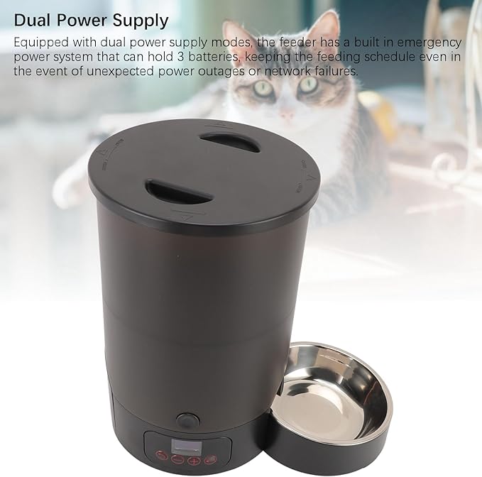 HEEPDD 3L Automatic Cat Feeder, Large Capacity Pet Food Dispenser Timed Dog Feeders with Stainless Steel Bowl Dual Power Supply for Pets Cats Dogs (Black Single Bowl)