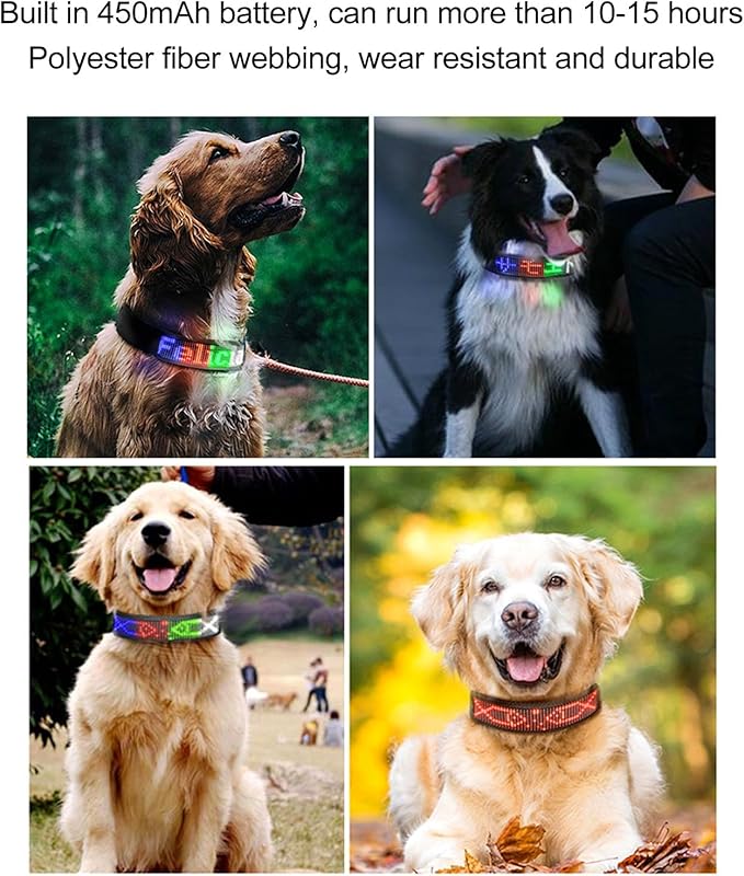 LED Dog Collar Color Light Up Dog Collars BT DIY Text Connection Rechargeable Necklace Webbing Lighted Collar for Camping Night Walking