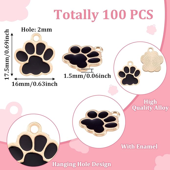 Crafans 100Pcs Enamel Paw Prints Dog Collar Charms Alloy Animal Cat Necklace Charms Puppy Footprint Dog Pendants for Crafts DIY Jewelry Making Supplies 17.5x16mm Black