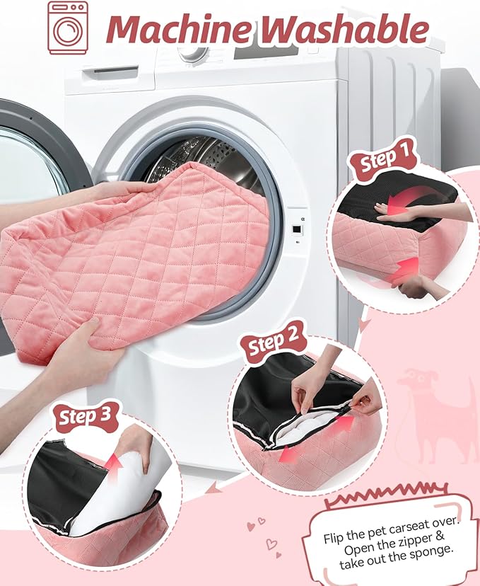Dog Car Seat for Small Dogs Up to 25lbs,Soft Washable Fabric Fill in Memory Foam,Easy to Assemble with 2 Clip-On Safety Leashes and Storage Pockets,Front or Back Seat are Both OK (Pink)