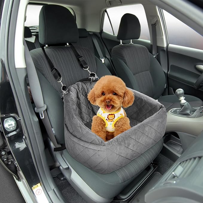 Dog Car Seat, Pet Booster Seat Elevated Dog Travel Carrier Bed with Washable Removable Cover and Storage Pockets for Small & Medium Dogs Pets (Grey)