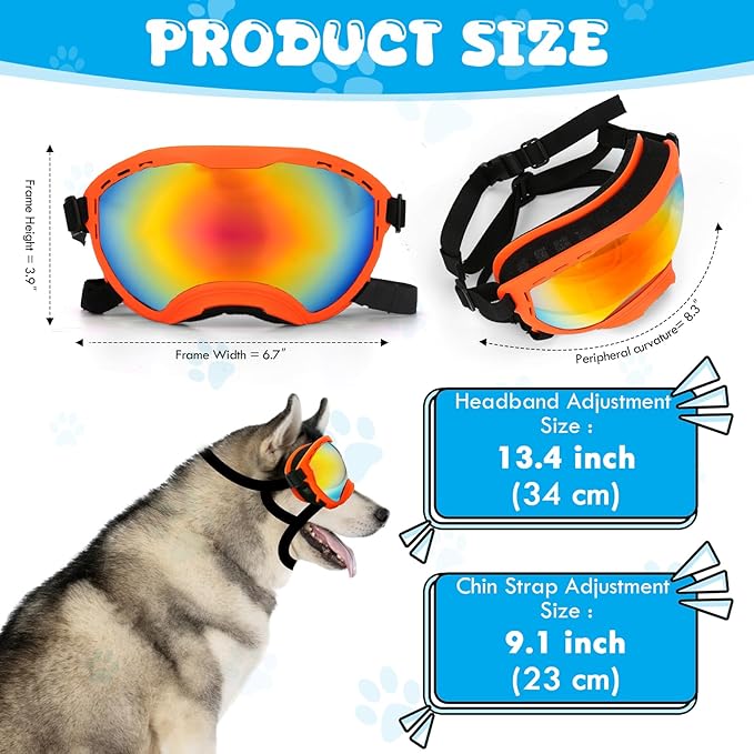 Dog Goggles for Large Dogs, UV Wind Dust Fog Protection, Soft Frame Adjustable Dog Sunglasses, Summer Driving & Winter Snow Eyewear, Tactical Pet Glasses with Elastic Strap (Orange)