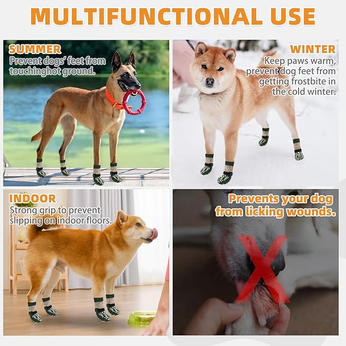 KOOLTAIL Dog Socks to Prevent Licking Paws for Hardwood Floors Anti Slip, Winter Warm Pet Boots&Paw Protector with Grippers, Double Sides Puppy Shoes Booties for Small Medium Large Senior Dogs