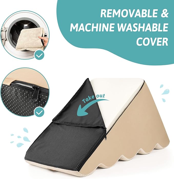Dog Stairs for Small Dogs 15.7" H, 4-Step Sturdy Foam Dog Steps for Couch or Sofa, Curved Pet Stairs for Puppy and Older Cat, Doggie Ladder with Washable Cover, 15.7x28.3x15.7 inch, Beige