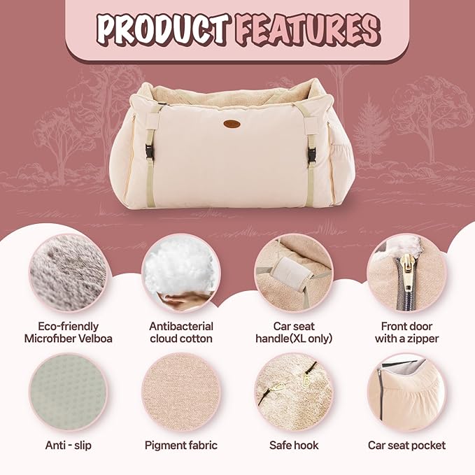 Dog Car Seat for Small Medium Large Dogs, Eco-Friendly Microfiber Velboa, Dog Booster for Under 45Lbs, Detachable and Washable Travel Seat with Thick Cushion (Pink Beige, L)