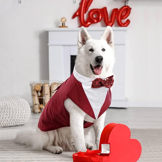 Kuoser Dog Tuxedo Dog Suit and Bandana Set, Dogs Tuxedo Wedding Party Suit, Doggy Prince Bow Tie Shirt Formal Pet Wedding Attire for Large Medium and Small Dogs Golden Retriever Samo Bulldogs