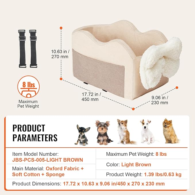 Happybuy Console Dog Car Seat, Center Console Dog Booster Seat for Small Dog, Pet Car Seat for Car Armrest with Clip-On Leash, Adjustable Straps, Supports up to 8lbs, Light Brown