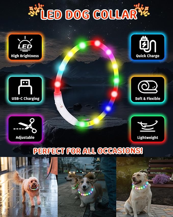 Led Dog Collar【LED Brightness Increased by 83%】 OGURIYA USB-C Rechargeable Dog Necklace Light, Pet Safety Collar Makes Your Beloved Dogs Be Seen at Night for Small Medium Dogs 19.7in Length(50CM)