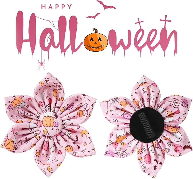 Halloween Dog Collar with Pink Flower, Adjustable Size, Premium Cotton, Sturdy Metal Buckle, Fits Small, Medium, Large Dogs & Cats