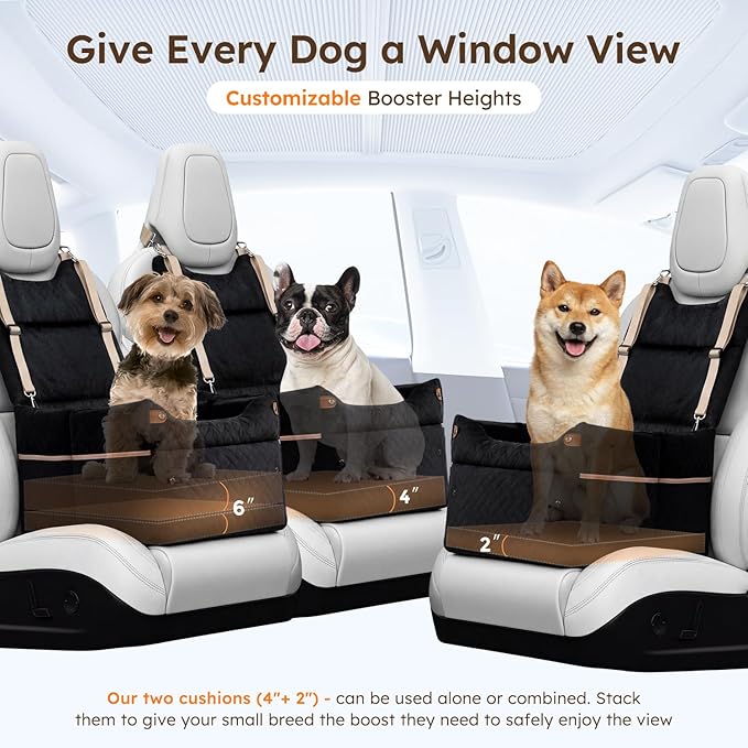 Elevated Dog Car Seat for Small Dogs, 3 Adjustable Heights with 2 Egg Crate Foam Boosters 4"+2", Dual-Sided Cooling&Plush Waterproof Cover, 2 Safety Leashes & Buckles, Beige